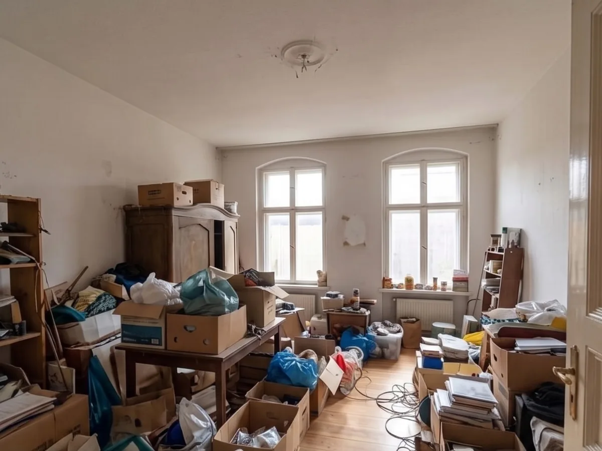 Vollgestelltes Zimmer mit Kartons, Tüten und Regalen